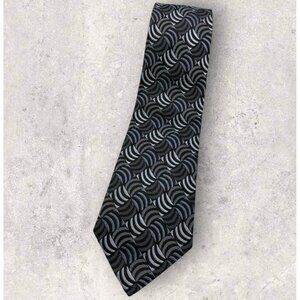 ROCHAS Silk Tie FRANCE Black Gray Silver Geometric W:3.8" EUC